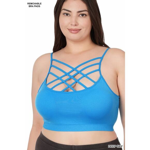 1X/2X Deep Sky Triple Criss Cross Bralette + bra pads Zenana wireless seamless - Picture 14 of 14